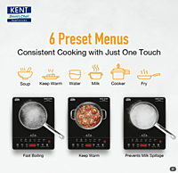 KENT Star Induction Cooktop 3000W | 6 Preset Menu | Full Microcrystalline Glass | Feather Touch Buttons & LED Display | Milk Boiling & Turbo Cooking Function | Overheat Protection & Auto Turn-Off
