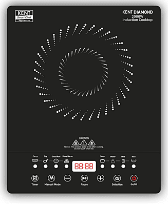 KENT Diamond Induction Cooktop 2000W|8 Preset Menu|Full Microcrystalline Glass|Feather Touch Buttons & Led Display|Milk Boiling & Keep Warm Function|Overheat Protection & Auto Turn-Off, Radiant