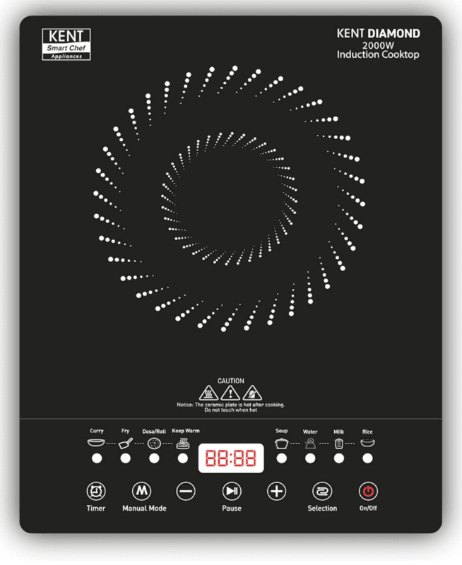 KENT Diamond Induction Cooktop 2000W|8 Preset Menu|Full Microcrystalline Glass|Feather Touch Buttons & Led Display|Milk Boiling & Keep Warm Function|Overheat Protection & Auto Turn-Off, Radiant