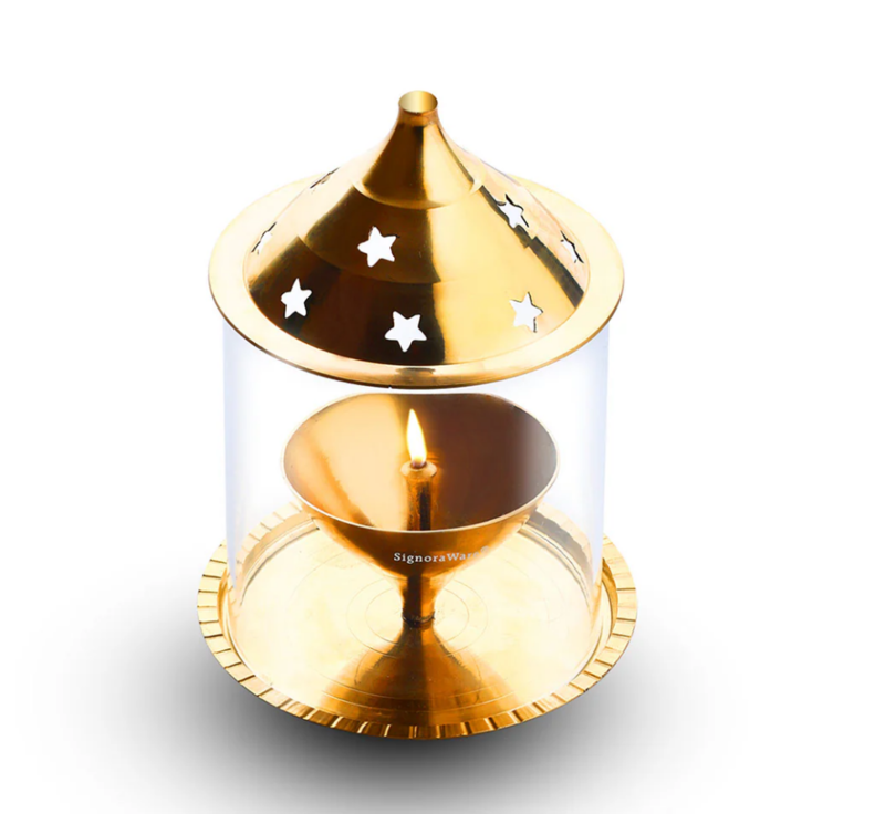 Signora ware Akhand Diya Brass With Glass Cover