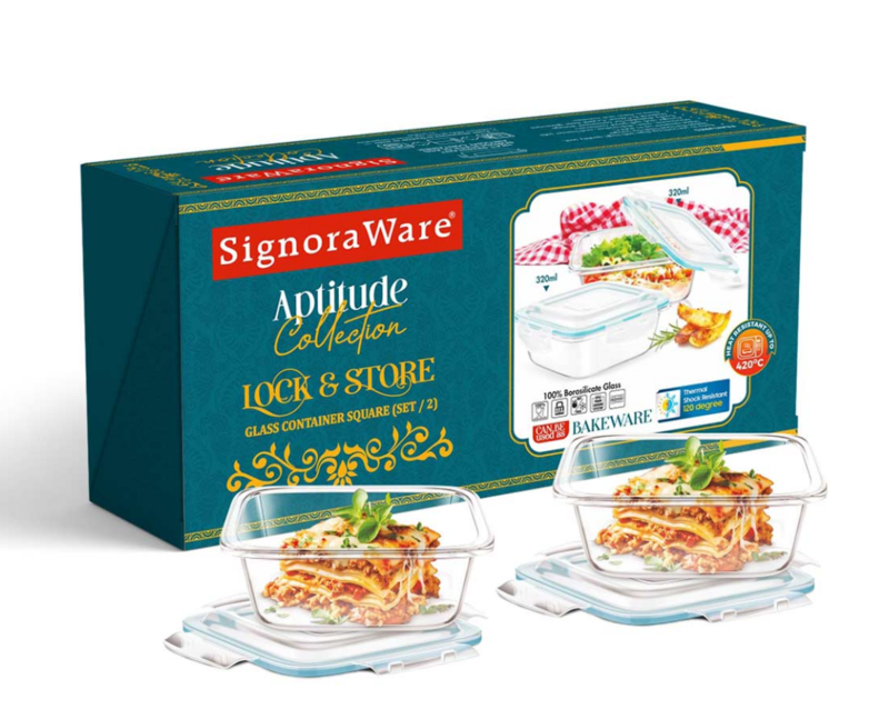 Signora ware Lock 'N' Store  Glass Container Square Set/2 ,320ML