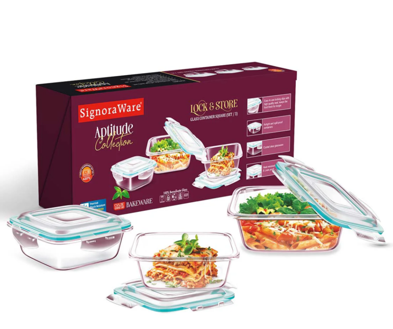 Signora ware Lock 'N, Store Glass Container Square Set/3
