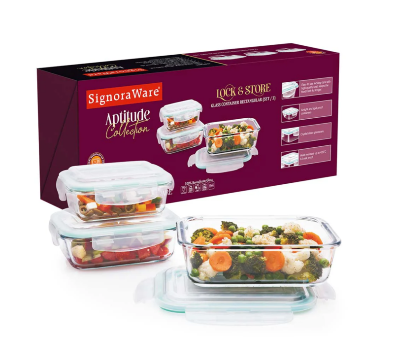 Signora ware Lock 'N' Store  Glass Container Rectangular Set/3