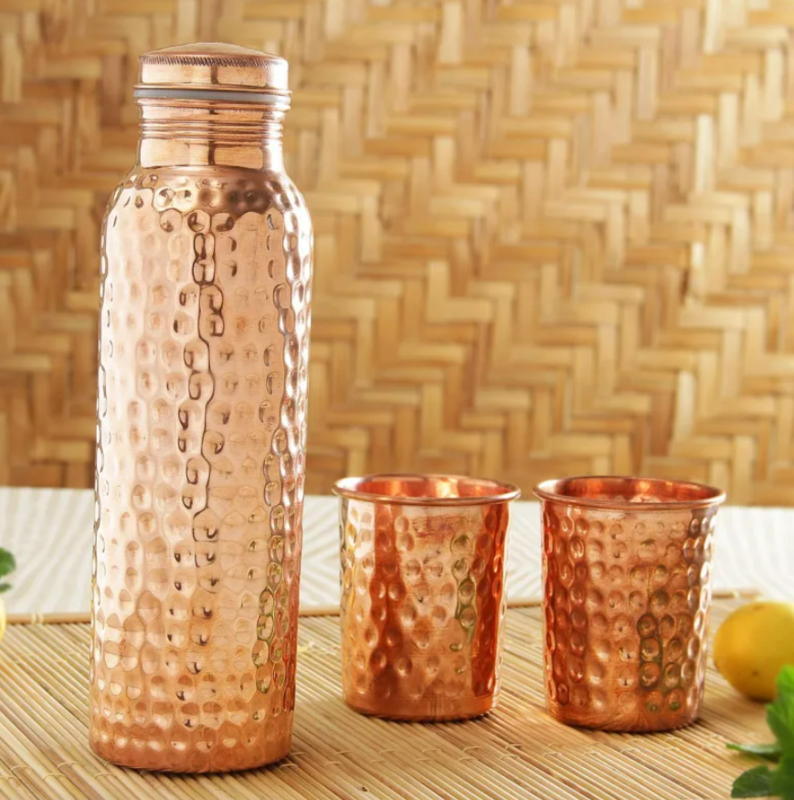 Signora ware Hammered Copper Bottle with 2 Glass