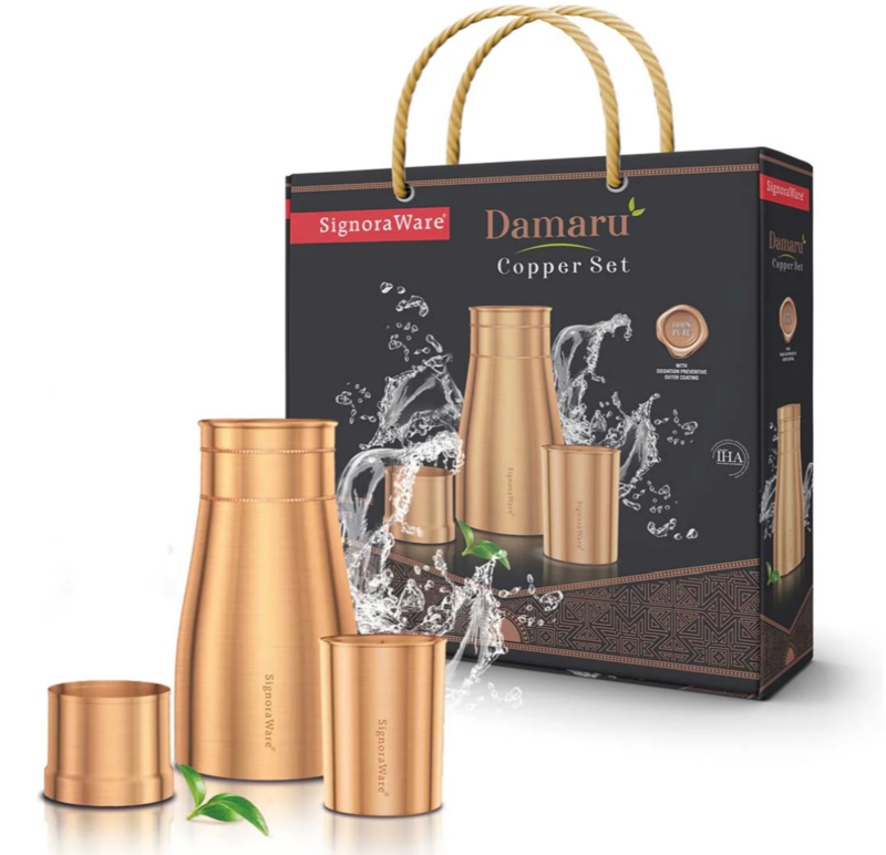 Signora ware Damaru Copper water bottle With 2 Glass Set