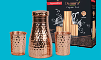 Signora ware Damaru Copper water bottle With 2 Glass Set(Hammered)
