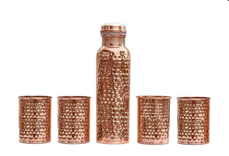 Signora ware Hammered Copper water Bottle  With 4 Glass