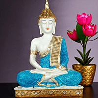 Global Grabbers New 25 Centimetre Meditating Sitting Buddha Statue showpiece Idol Home Decor Items for Living Room and Gifts (Blue White Maroon)