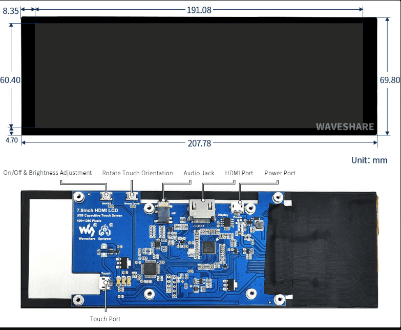 7.9inch Capacitive Touch Screen LCD, 400×1280, HDMI, IPS, Toughened Glass Cover