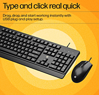 HP KM 180 Wired Mouse and Keyboard Combo, USB Plug-and-Play, 1200 dpi, Full-Size Layout with Numeric pad, Up to 10 Million keystrokes, Up to 1 Million clicks, 1-Year Warranty, 0.52 kg, Black, 7J4G3AA