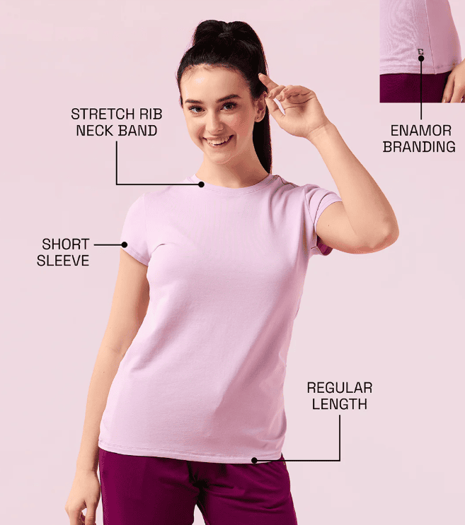 Enamor Essentials Womens E047-Short Sleeve Crew Neck Slim Fit Stretch Cotton Tee