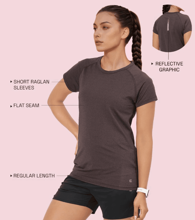 Enamor Short Sleeve Scoop Neck Regular Length Slim Active T-Shirt For Women - Slim Fit, Quick Dry, Antimicrobial - E089