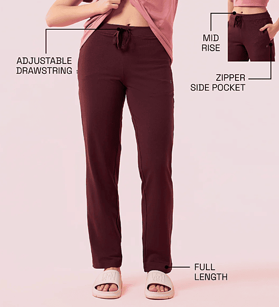 Enamor Essentials Womens E014-Mid Rise Slim Fit Basic Straight Leg Lounge Pants