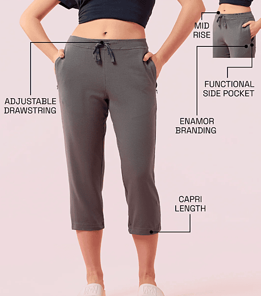 Enamor Mid Rise Capri length Drawstring Closure Lounge Capri for Women - Slim Fit, Soft and Breathable Stretch Cotton - E018