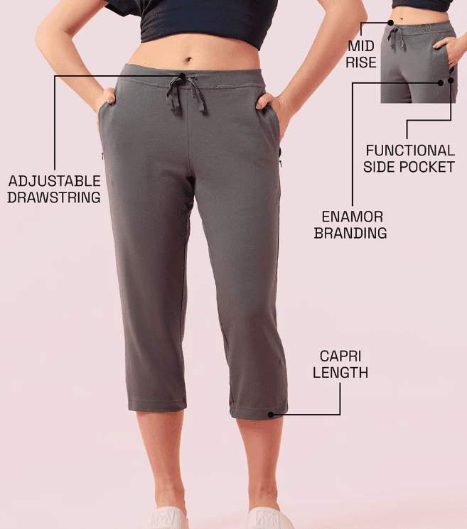 Enamor Mid Rise Capri length Drawstring Closure Lounge Capri for Women - Slim Fit, Soft and Breathable Stretch Cotton - E018