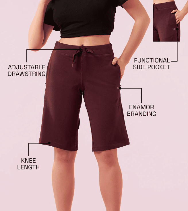 Enamor Mid Rise Knee length Drawstring Closure City Shorts For Women - Slim Fit, Soft and Breathable Cotton - E044