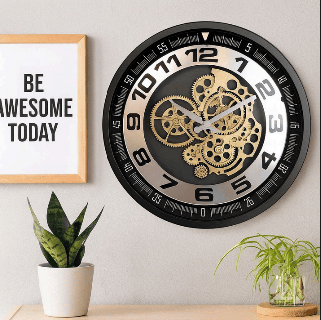 Industrial Style Skeleton Wall Clock with Exposed Gold Gears and Silver Dial