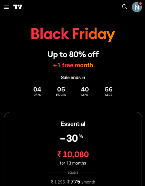 TradingView Black Friday Deal: Essential Plan at Just ₹775/Month