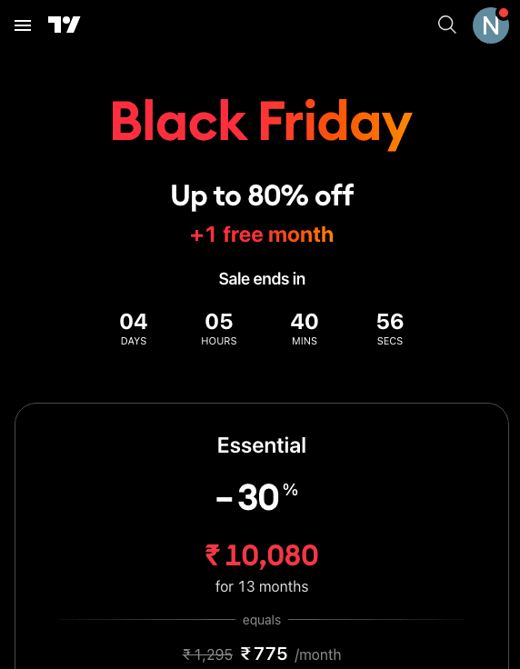 TradingView Black Friday Deal: Essential Plan at Just ₹775/Month