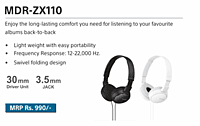 Sony MDR-ZX110 On-Ear Wired Stereo Headphones – Lightweight Design | Clear Stereo Sound | 3.5mm
