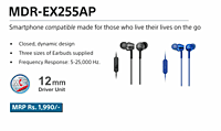 Sony MDR-EX255AP In-Ear Wired with Mic – Tangle-Free Cable|Clear Stereo Sound |3.5mm Audio