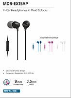 Sony MDR-EX155AP In-Ear Wired with Mic – Tangle-Free Cable | Clear Stereo Sound | 3.5mm