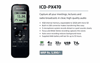Sony ICD-PX470 Digital Voice Recorder – 4GB Storage | Clear Audio Recording | Compact Design | Black