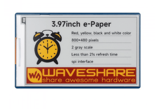 3.97inch E-Paper Display (G), E-Ink Display, 800 × 480 pixels, Red/Yellow/Black/White, SPI Interface, Standard Raspberry Pi 40PIN GPIO header