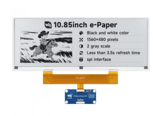 10.85inch e-Paper display, e-ink display, 1360 × 480, Black / White, SPI Interface,With driver HAT