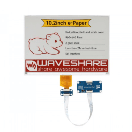 10.2inch e-Paper display (G), E-ink display, 960x640, Red/Yellow/Black/White, SPI Interface,With driver HAT