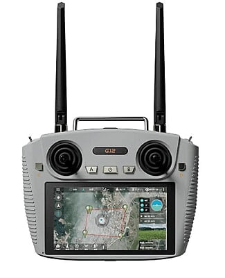 Front view of the Skydroid G12 ground station showing gimbals, screens, and control switches Front view of the Skydroid G12 ground station showing gimbals, screens, and control switches