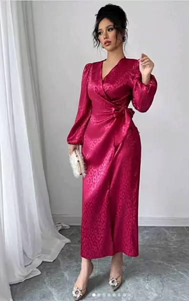 Magenta Satin Long-Sleeve Wrap Maxi Party Dress