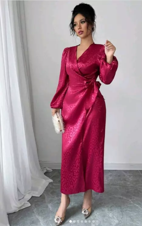 Magenta Satin Long-Sleeve Wrap Maxi Party Dress