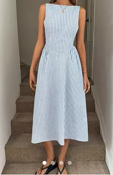 Blue and White Vertical Striped Sleeveless Maxi Dress