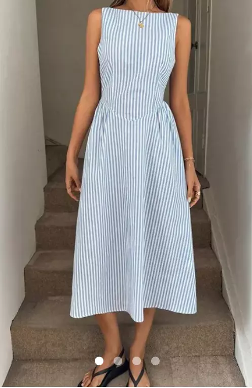 Blue and White Vertical Striped Sleeveless Maxi Dress