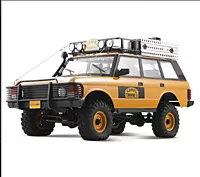 Front angle view of FMS Model 1:10 Land Rover Range Rover RS Yellow 4WD FCX10 RC crawler