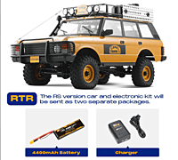 Side profile of FMS Model 1:10 Land Rover Range Rover RS Yellow showing portal axles
