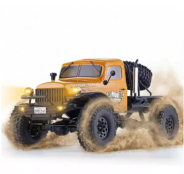 FMS Model 1: 10 Atlas 4x4 RS Orange front angle driving over rocks