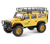 FMS Model 1: 24 Land Rover Defender 110 RTR Yellow front angle view on rock obstacle