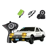 LDRC Model A86 1/18 white Toyota AE86 RC drift car front view with pop-up LED lights raised