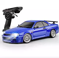 LDRC Model A99 1/18 Nissan GT-R R34 alloy RC drift car front view with illuminated LED headlights