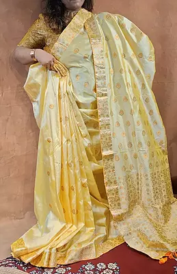 Luxury Assam Paat Silk Saree in Light Lemon with Orange Meena & Guna Zari Luxury Assam Paat Silk Saree in Light Lemon with Orange Meena & Guna Zari