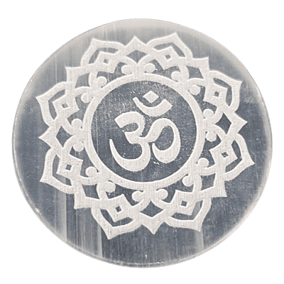 ANKKJYOTI Selenite Charging Air Plate (Aum in White Design) 6" x 1" ANKKJYOTI Selenite Charging Air Plate (Aum in White Design) 6" x 1"