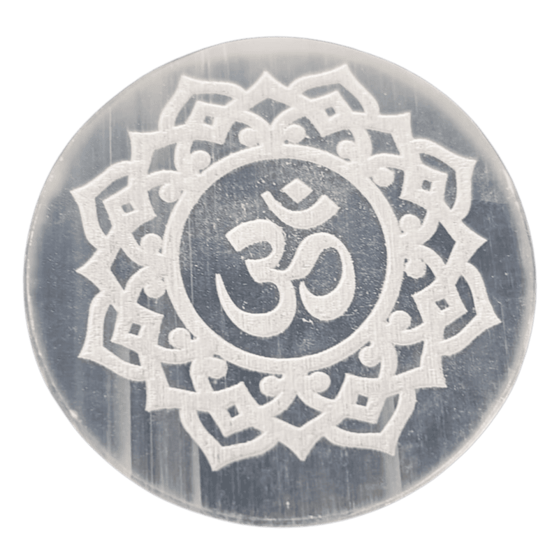 ANKKJYOTI Selenite Charging Air Plate (Aum in White Design) 6" x 1"