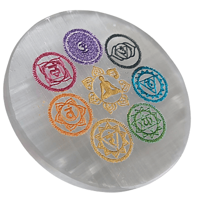 ANKKJYOTI Selenite Air Plate (7 Chakra Design – Small Figurine, Large Chakras) 6" x 1" ANKKJYOTI Selenite Air Plate (7 Chakra Design – Small Figurine, Large Chakras) 6" x 1"