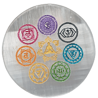 ANKKJYOTI Selenite Air Plate (7 Chakra Design – Small Figurine, Large Chakras) 6" x 1"
