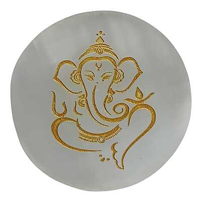 ANKKJYOTI Selenite Charging Air Plate (Ganeshji Golden Carving) 6" x 1" ANKKJYOTI Selenite Charging Air Plate (Ganeshji Golden Carving) 6" x 1"