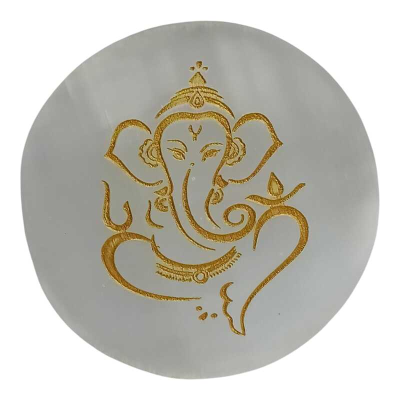 ANKKJYOTI Selenite Charging Air Plate (Ganeshji Golden Carving) 6" x 1"