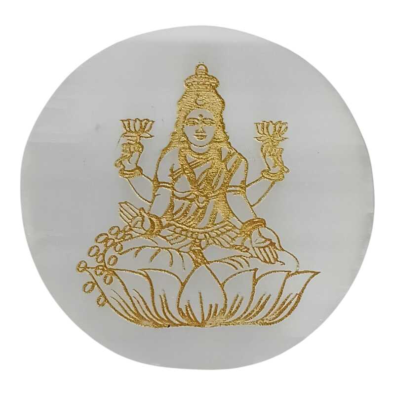 ANKKJYOTI Selenite Charging Air Plate (Lakshmi Golden Carving) 6" x 1"