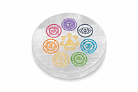 ANKKJYOTI Selenite Charging Plate (7 Chakra Design – Small Figurine, Large Chakras) 3.5" x 0.5"